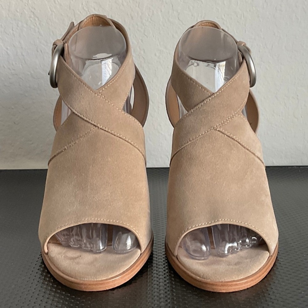 Marc Fisher LTD Tim Beige Tan Suede Open Toe Buckle Block Heel Booties 7.5M - Picture 12 of 12